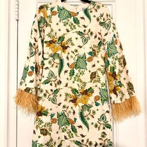 Floral Dress with Feathered Sleeves